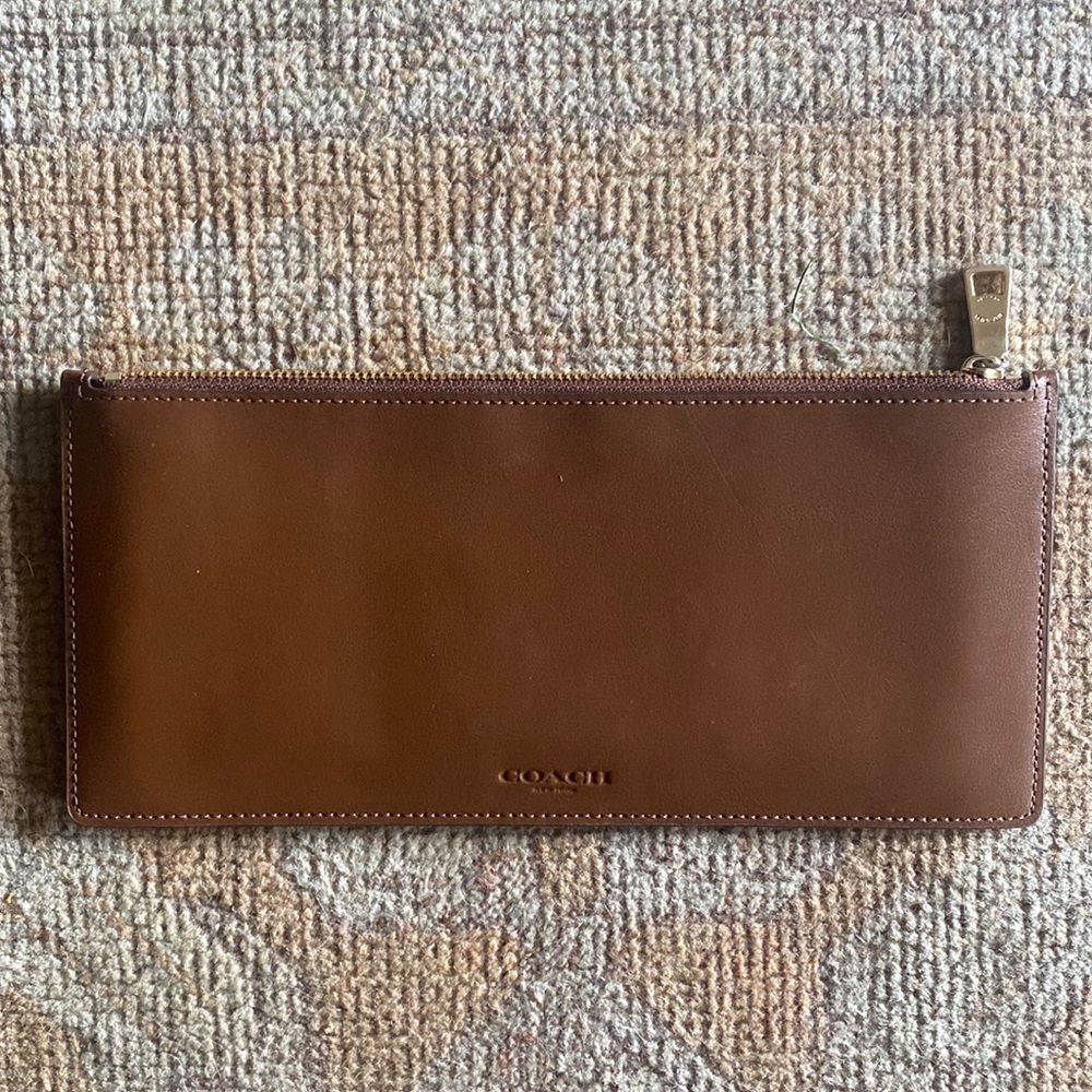 Coach, wallet, pouch, dark brown leather, gold zipper